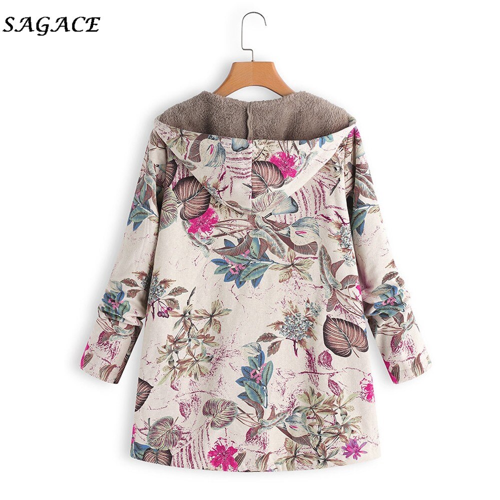 Sagace Kleding Jassen Vrouwen Winter Rits Warme Jassen Lady Warm Uitloper Bloemenprint Capuchon Zakken Vintage Oversize Jassen