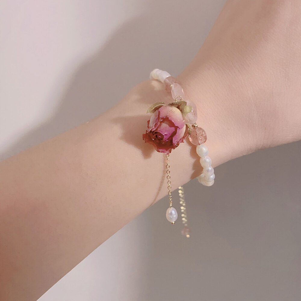 Vintage eterno flor natural pérola brincos pulseira ajustável corrente de metal moda feminina temperamento jóias
