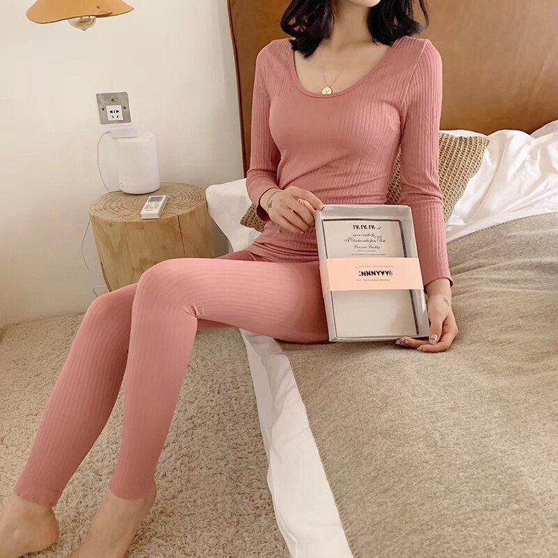 Warm Thermal Underwear Sexy Ladies Intimates Long Johns Women&#39;s Shaped Sets Female Middle Collar Thermo Shaping Clothes Pajamas: Pink