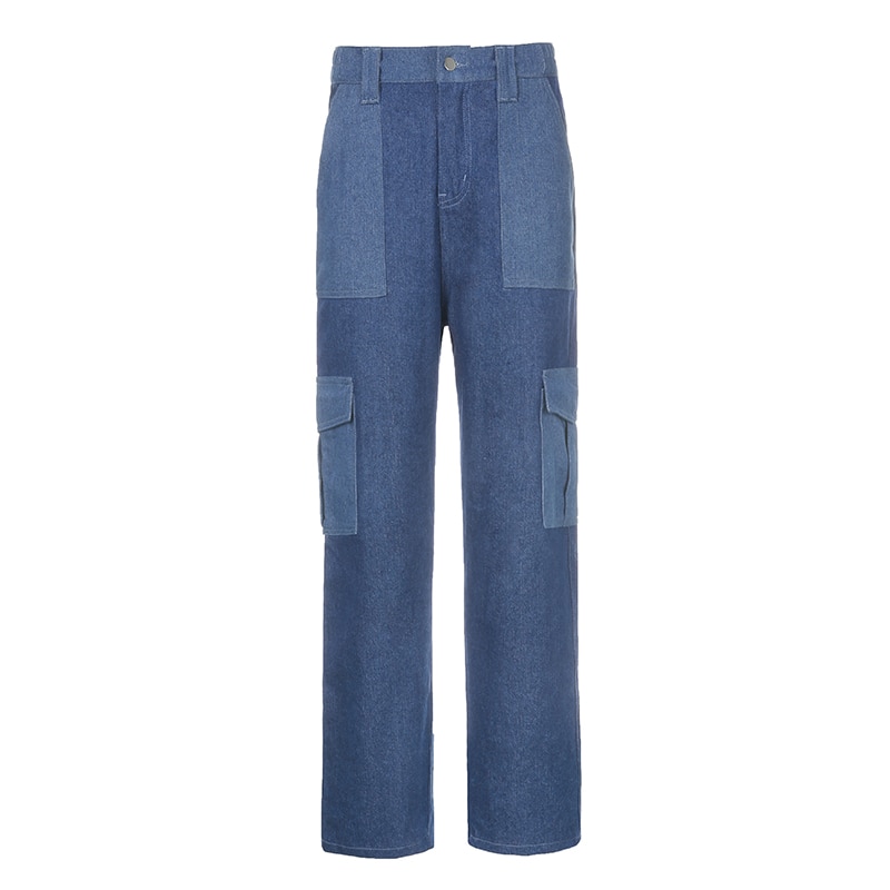 Rapcopter store lommer jeans kvinner  y2k bukser høy midje bukser blå denim glidelås jeans 90s lappede cargo bukser pop streetwear