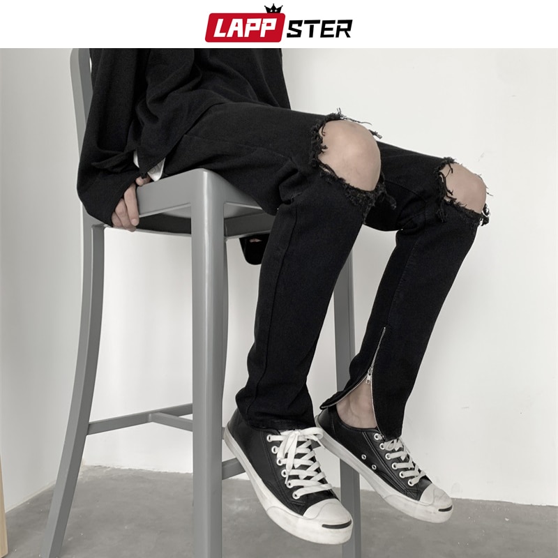 LAPPSTER Men Hip Hop Black Ripped Jeans Male Korean Streetwear Skinny Denim Pants Male Fashions High Waist Distressed Jeans