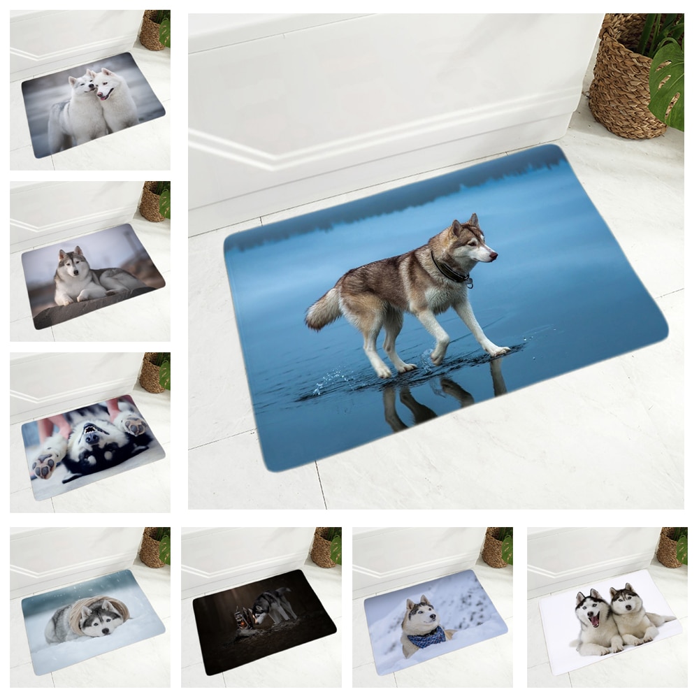 Soft Flannel Doormat Decor Siberian Husky Dog Door Mat Non-Slip Hallway Pet Animal Carpet Rug for Dining Room Bedroom Floor Mat