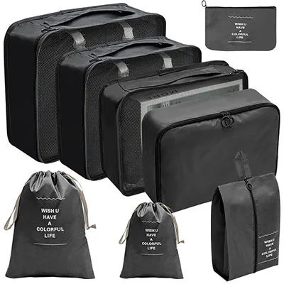 8/9 -delat set packkuber för resor vattentäta kläder underkläder skor toalettartiklar organizer prydlig påse reseförvaringsväska: Silver-