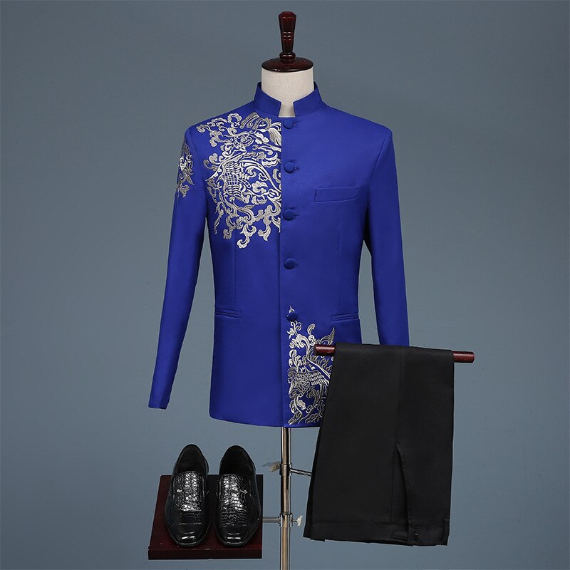 Chinese Style Wedding Suit Jacket Men Embroidery Patterns chinese Tang suit Mandarin Collar Suit Chinese Tunic Suit Top+Pants: Blue / XL