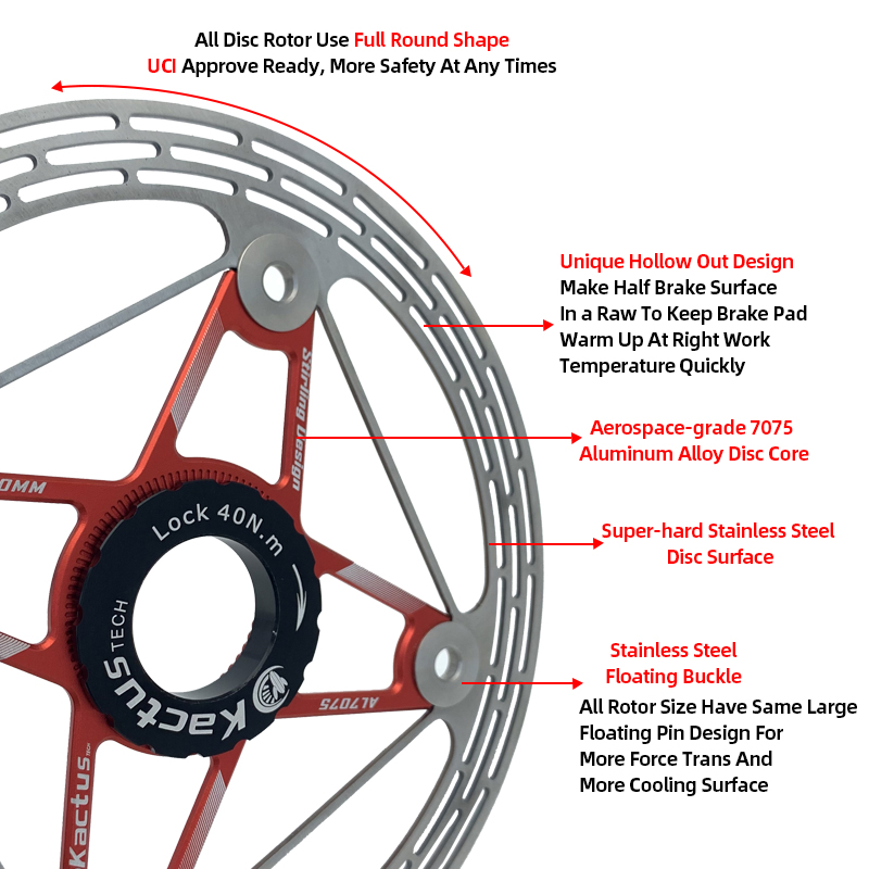 KACTUS-Freins hydrauliques pour vélo de route et VTT, disques de frein flottants, rotor creux à verrouillage central, 6 boulons, 140mm, 160mm, 180mm, 203mm