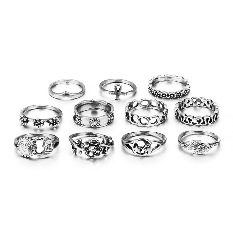 Tocona 11 Stks/set Vintage Punk Ring Set Hollow Bloem Midi Vinger Ringen Voor Vrouwen Bohemen Carving Leaf Sliver Gouden Ringen 4091