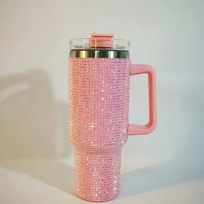 Taza Termo de diamante de 40oz con asa, botella aislada de café al vacío de acero inoxidable 304, frascos portátiles para coche