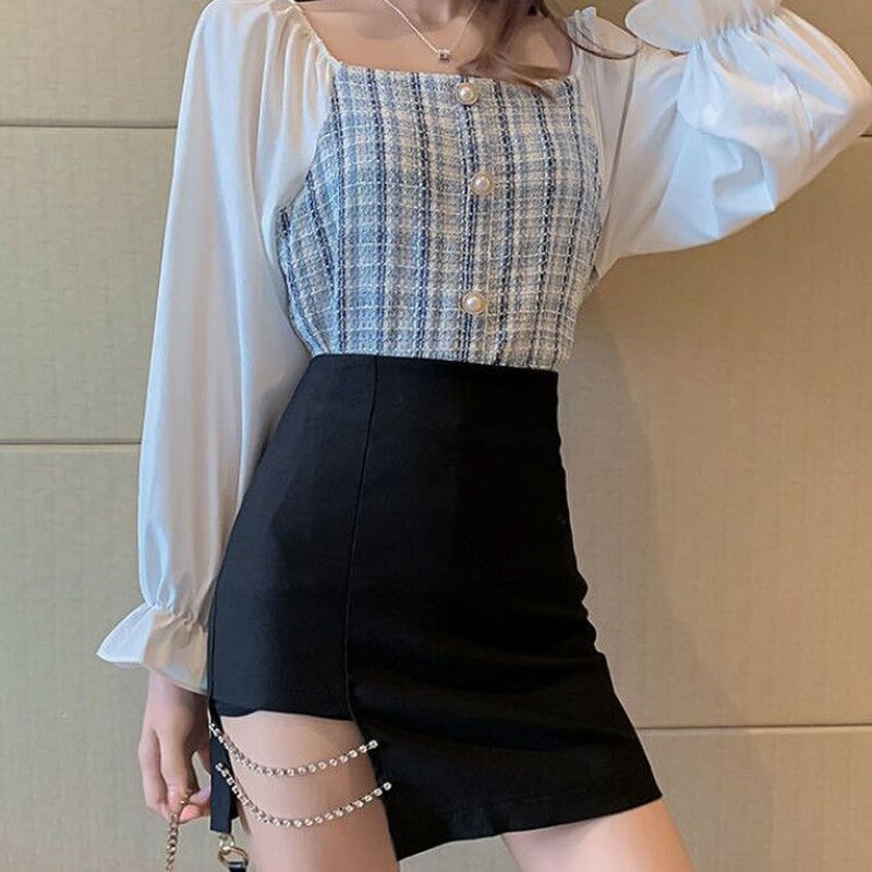 Mini Skirts Women Side-slit Crystal-chain Korean Style Slim Trendy Patchwork Female Bottom Summer Popular Chic Ulzzang