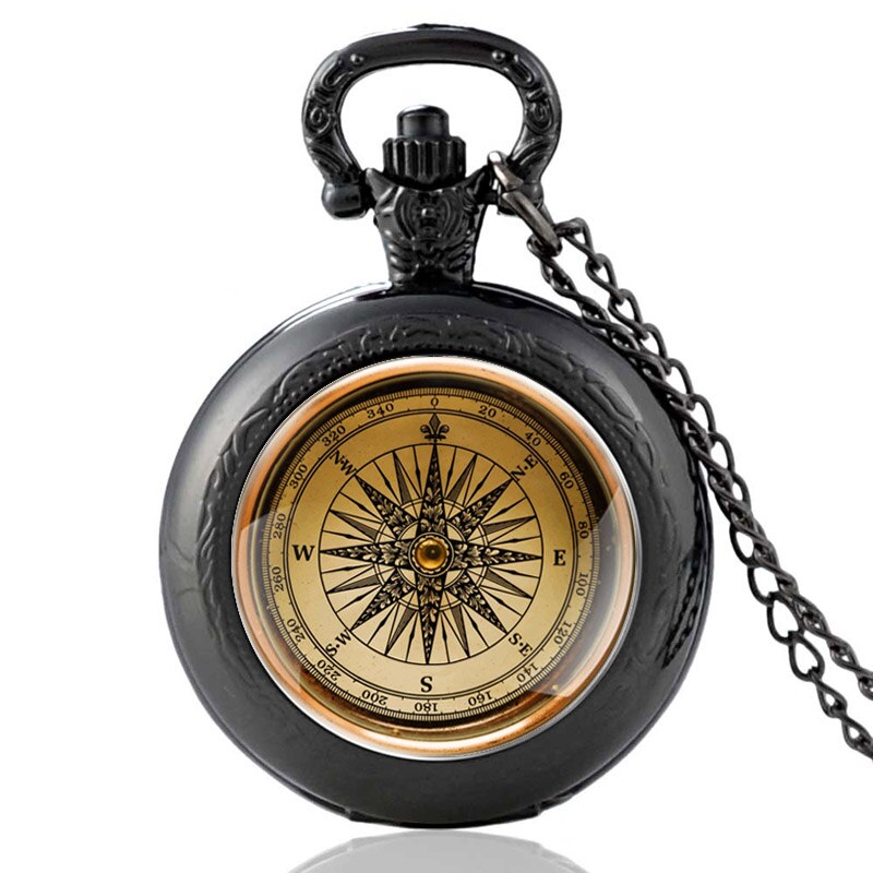 Antik kompas vintage kvarts lommeur mænd kvinder glaskuppel vedhæng halskæde timer kædeur: Sort