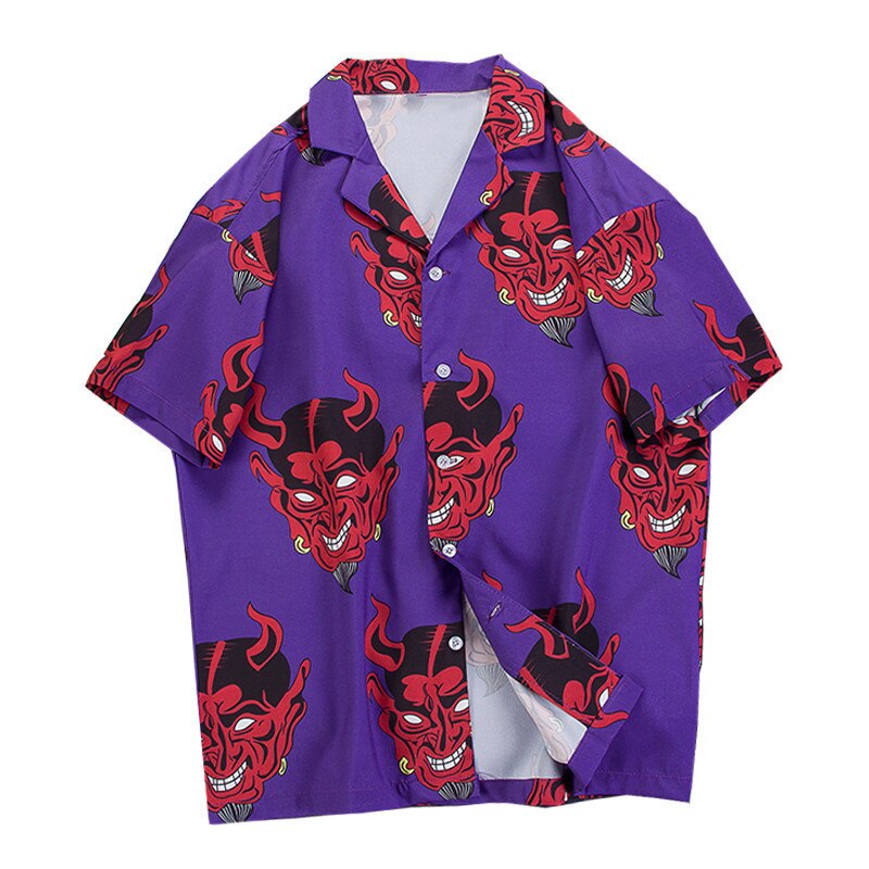 Harajuku devil head shirs sommar strandskjorta hawaii tunn hiphop streetwear mens hawaiian kortärmad rosa tees  hh139