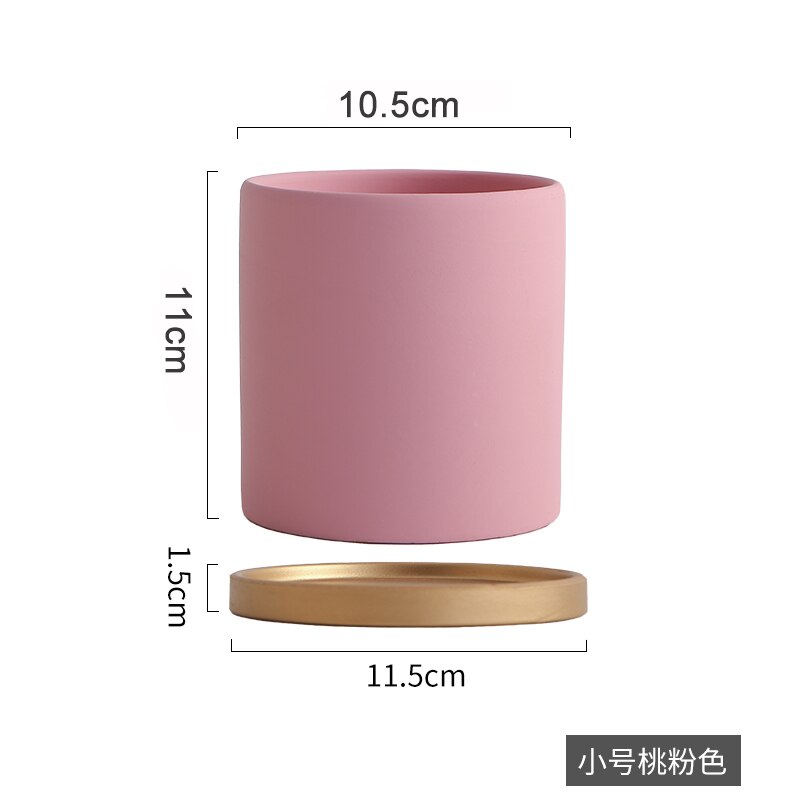 Eenvoudige, rechte, kleurrijke, cilindrische, keramische bloempot in europese stijl, vetplanten, bloemen, groene dillepot met gouden schaal: G-10.5cm