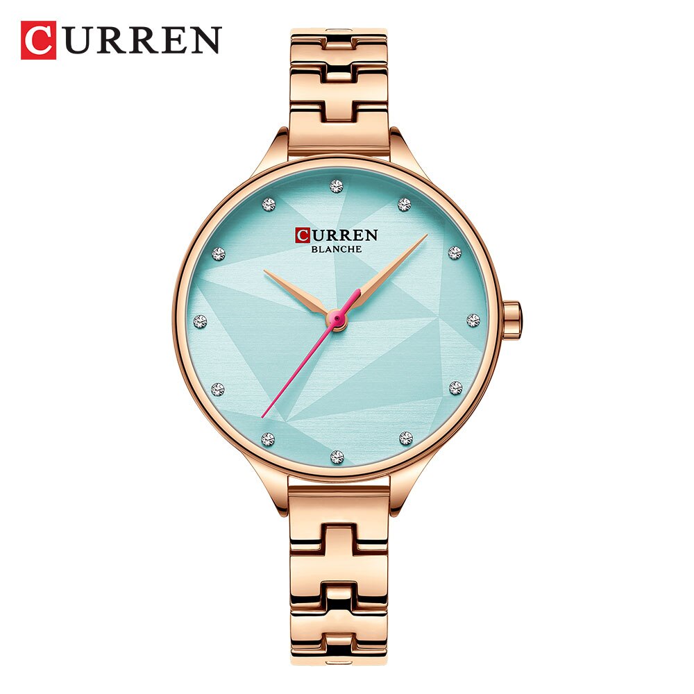 Luxe Vrouwen Horloge Mode Quartz Horloge Met Roestvrij Staal Vrouwelijke Klok Dames 9047 Reloj Mujer: rose blue watch