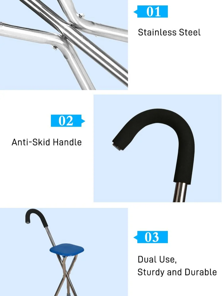 Bastón plegable de aleación de aluminio para exteriores, silla antideslizante para bastón, taburete multifuncional estable y seguro para personas mayores