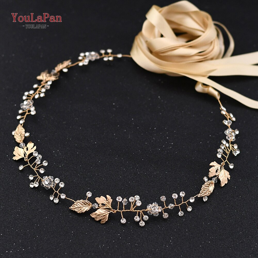 YouLaPan SH122 cinturón de boda dorado hojas doradas vestido de boda cinturón con cristales cinturón nupcial accesorios de vestido de novia cinturón de novia: Champagne ribbon