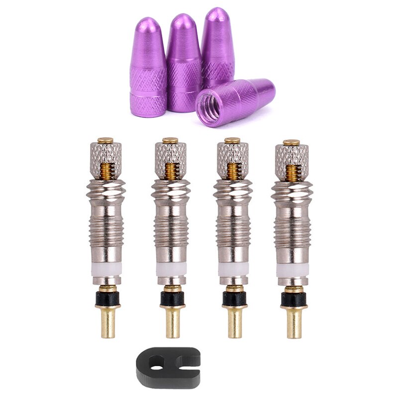 4pcs Bicycles Accessories Presta Valve Stem Caps+ 4pcs Valve Cores+ Wrench Bicycle Tool Kit Dust Dustproof Caps Bike Accessories: purple