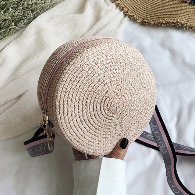 Yogodlns runde stråvesker til kvinner sommerrotting vevd strandveske håndlaget veving crossbody skulderveske bohemia håndveske: Rosa -2