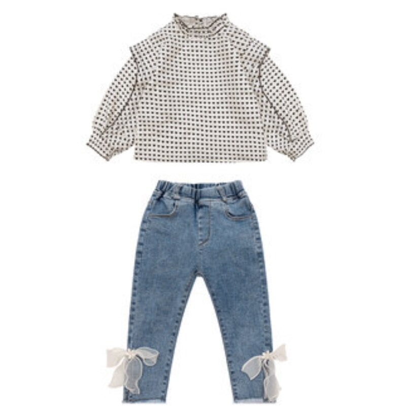 Meisjes Outfits Sets Lente Herfst Print Blouse Shirt Tops Jeans Broek Mode Kleding Meisjes Bell Bottoms 2 Stuks Kinderkleding meisjes