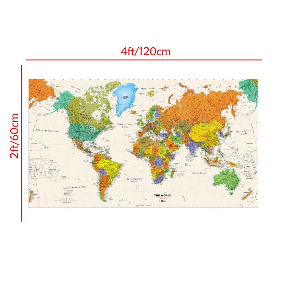 2 x 4ft verdens fysiske kort revideret hd verdenskort til skole/kontor klasseværelse vægdekoration