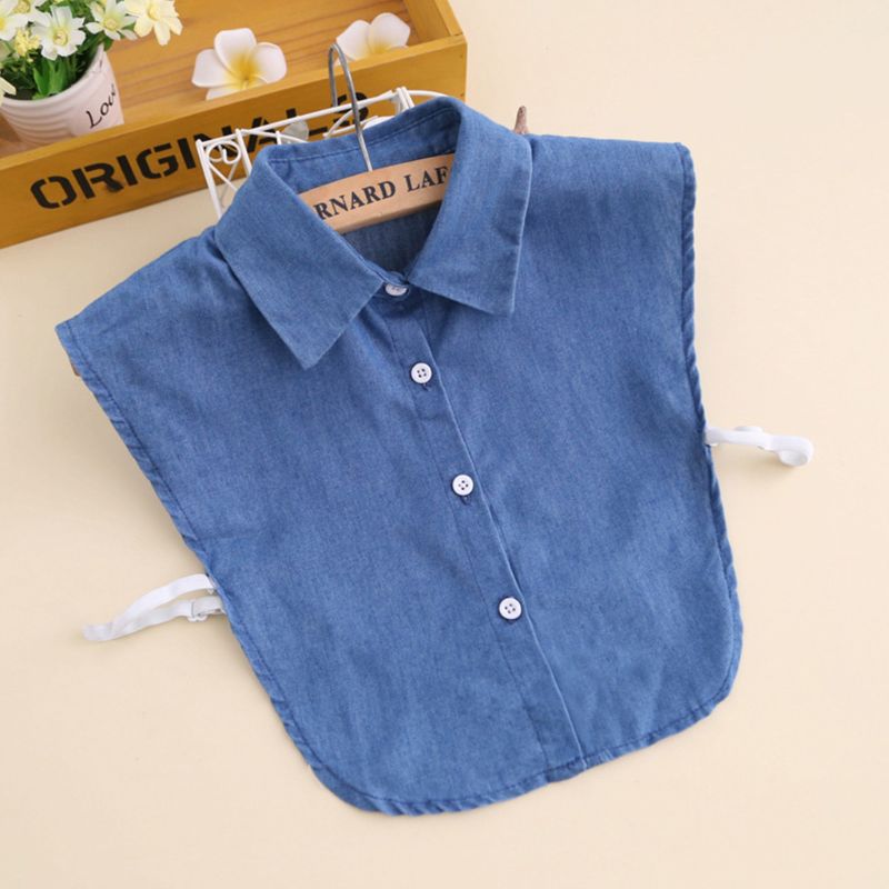 Vrouwen Meisjes Denim Stof Afneembare Half-Shirt Blouse Effen Kleur Revers Valse Nep Kraag Verstelbare Kleding Trui 85WB