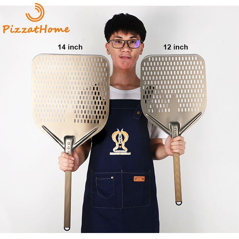 Pizzathome 14/13/12 tum perforerad pizzaskovel rektangulär pizzaskal aluminium halkfritt handtag pizzaskal avtagbart pizzverktyg