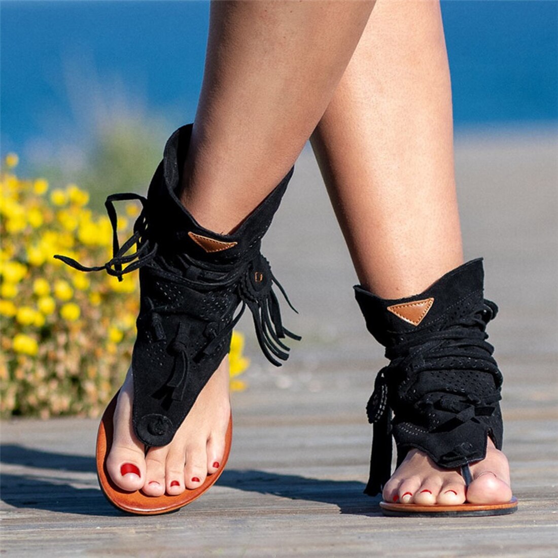 Retro kvast sandaler til kvinde sommer boho flade sko dame snøre strandsko sandalias mujer damesko: Sort / 42