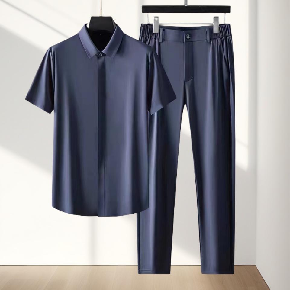 Traje deportivo de seda de hielo para hombre, conjunto informal, relajado, cómodo, transpirable, de , de talla grande, novedad de verano 2024: XXXL / Azul marino