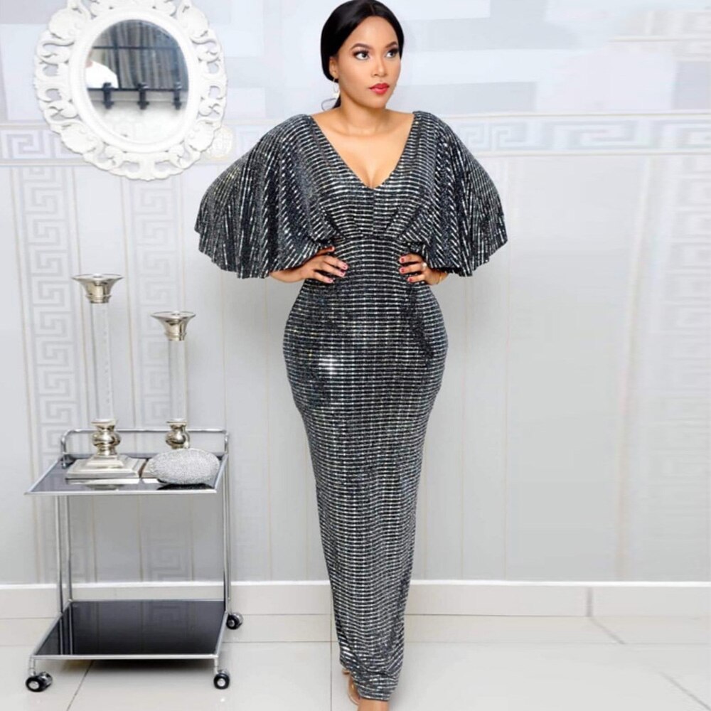 Gold Sequined African Dresses for Women Sexy V Neck Ruffle Sleeves Evening Party Dress Nigerian Clothing Bodycon Mermaid Dress