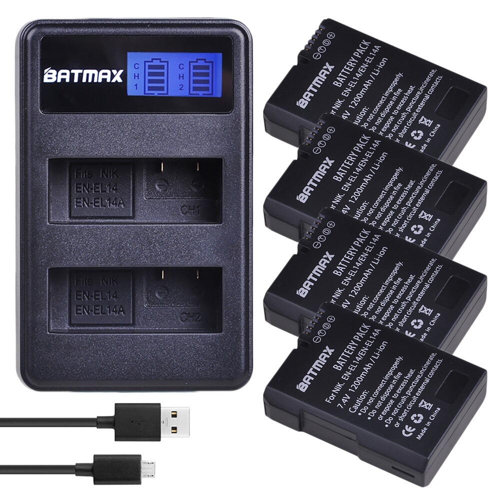 2 batteries ENEL14 EN EL14 a + LCD, double chargeur USB pour Nikon D3100 D3200 D3300 D5100 D5200 D5300 P7000: 4 Battery 1 Charger