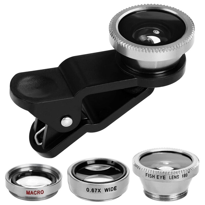 Universal 3 In1 Fisheye Wide Angle Macro Camera Lens Kit Clip On For Mobile Phone Lentes De Ojo De Pez For iPhone/Huawei/Samsung: Silver