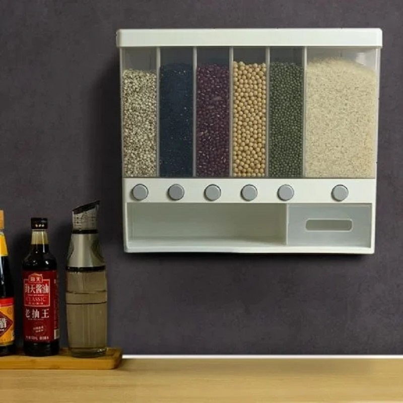 Dispensador de arroz y cereales montado en la pared, 6 estantes automáticos a prueba de humedad, caja sellada de almacenamiento de alimentos, contenedor de almacenamiento de arroz