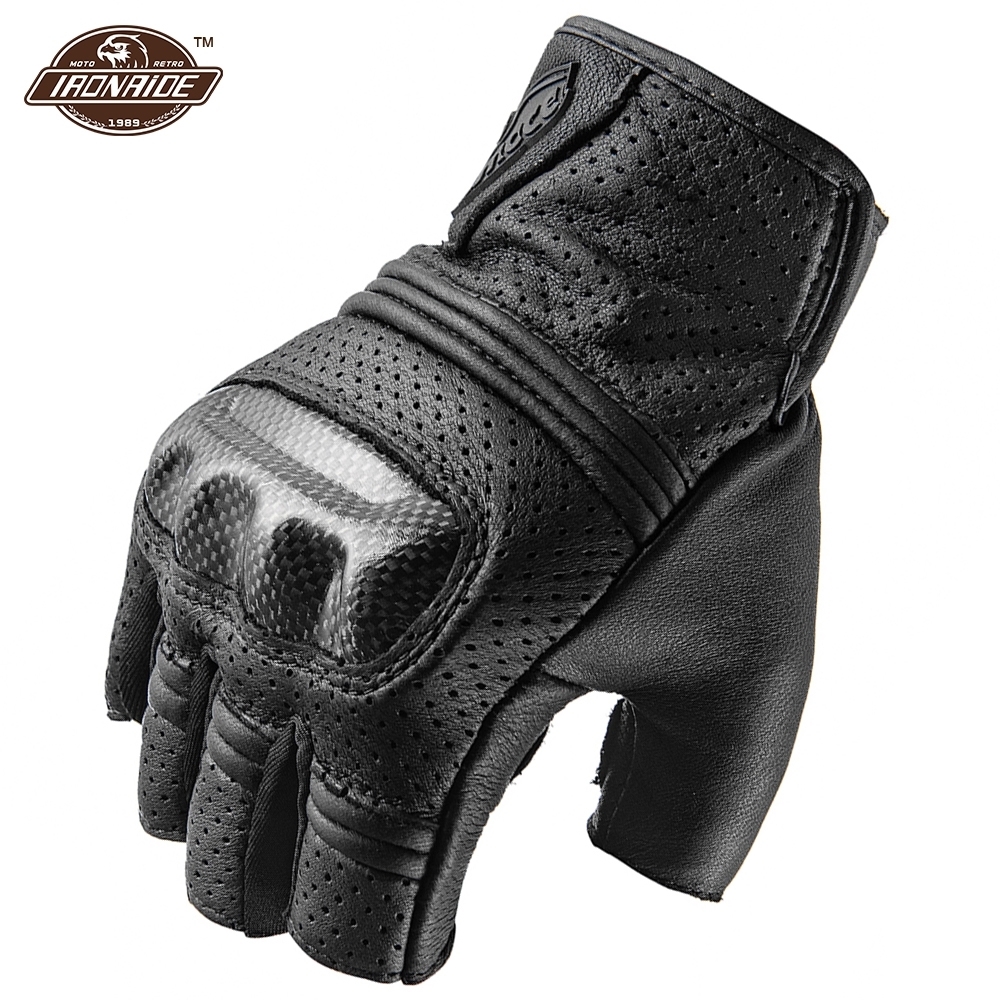 Breathable Fingerless Gloves Summer Motorcycle Gloves Sheepskin Motocross Gloves Retro Moto Motorbiker Guantes Moto: B02 Summer Gloves-BK / M