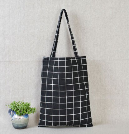 Eco Durable Women Student Cotton Bags Linen Single Shoulder Tote Bag Shopping Check Plaid Female Flax Shopping Canvas Bags: Black