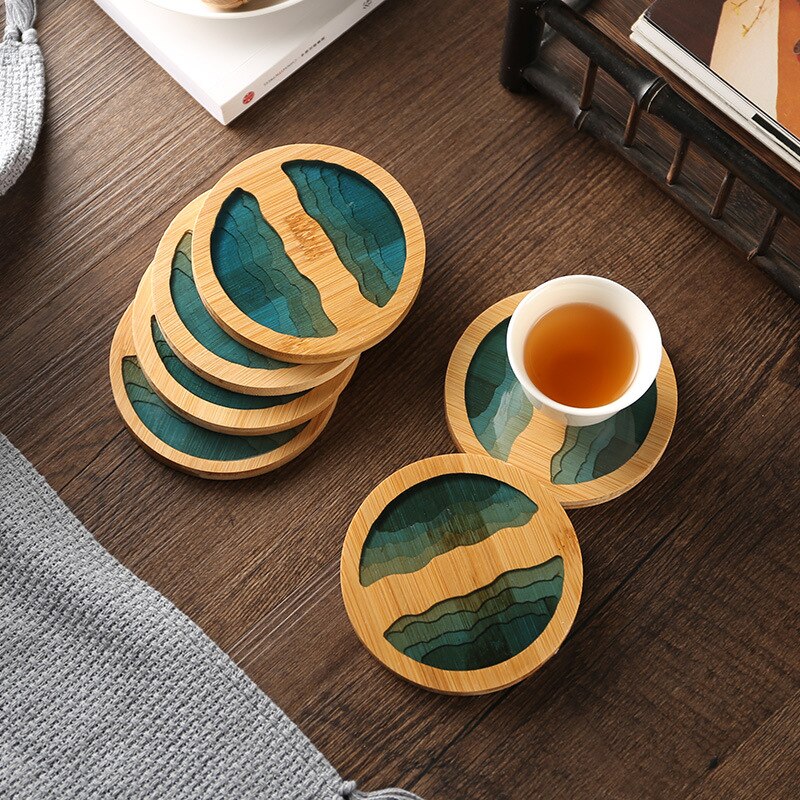Epoxy Resin Tea Coaster Transparent Bamboo Round Table Mats Cup Holder Potholder Tea Set Heat-resistant Nonslip Pads