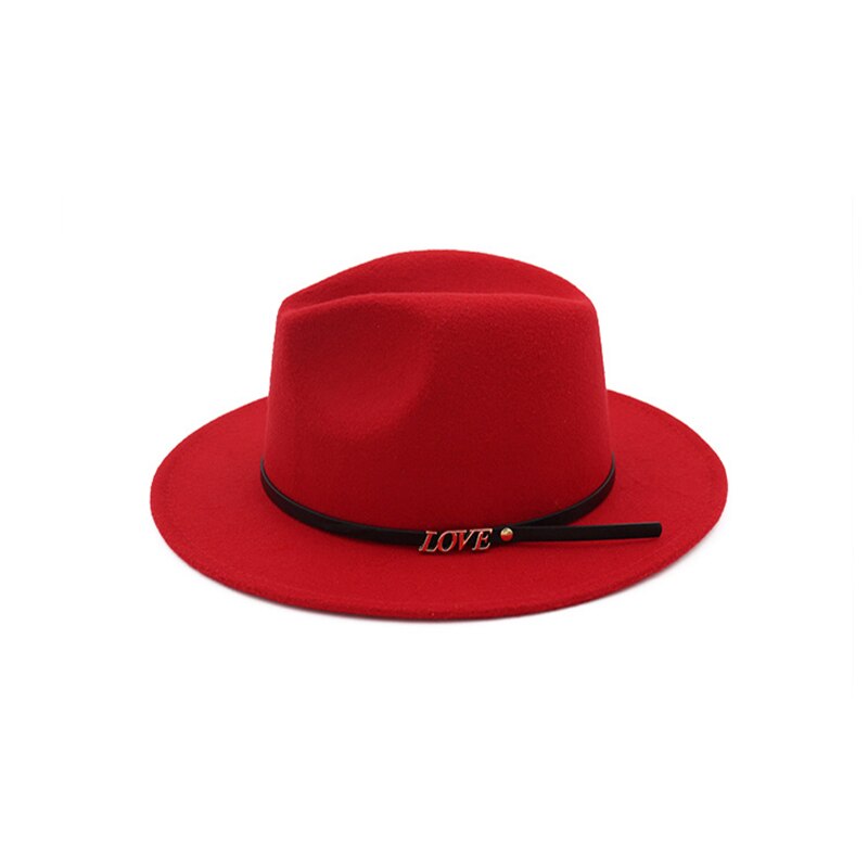 Men Wool Fedora Hat Wide Brim Women Faux Woolen Ladies Fedora LOVE Logo Jazz Hat Belt Caps Bowler Felt Hats Autumn Winter