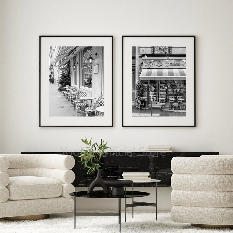 Impresiones de cafetería al aire libre francia parís en blanco y negro, fotografía Vintage, póster, tienda de café por la acera, arte, pintura en lienzo, decoración del hogar