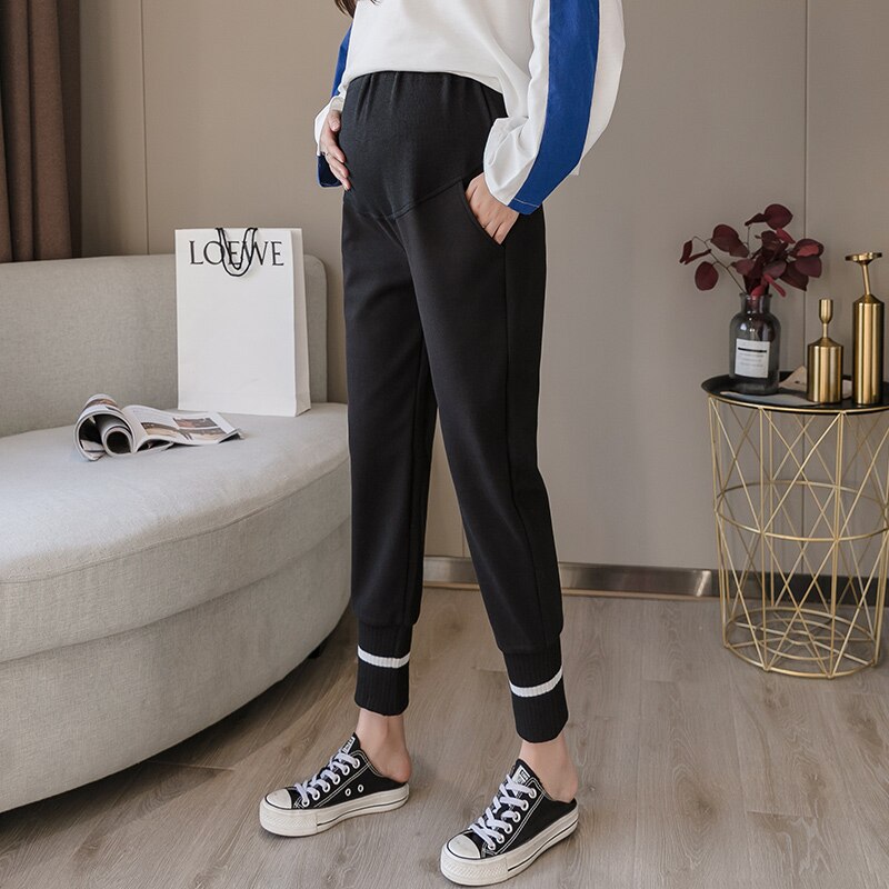 Autumn Winter Thick Woolen Maternity Trousers Elastic Waist Straight Pants For Pregnant Women Casual Clother Pregnancy Wear: Black / XXL