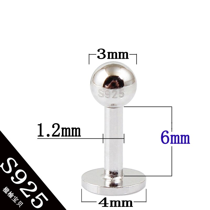 Labret Lichaam Sieraden Piercing 925 Puur Zilver Lip Stud 6 8 10 Mm Basic 16G Sterling Zilver 3mm Ball Lip Piercing Sieraden: PIN length 6mm