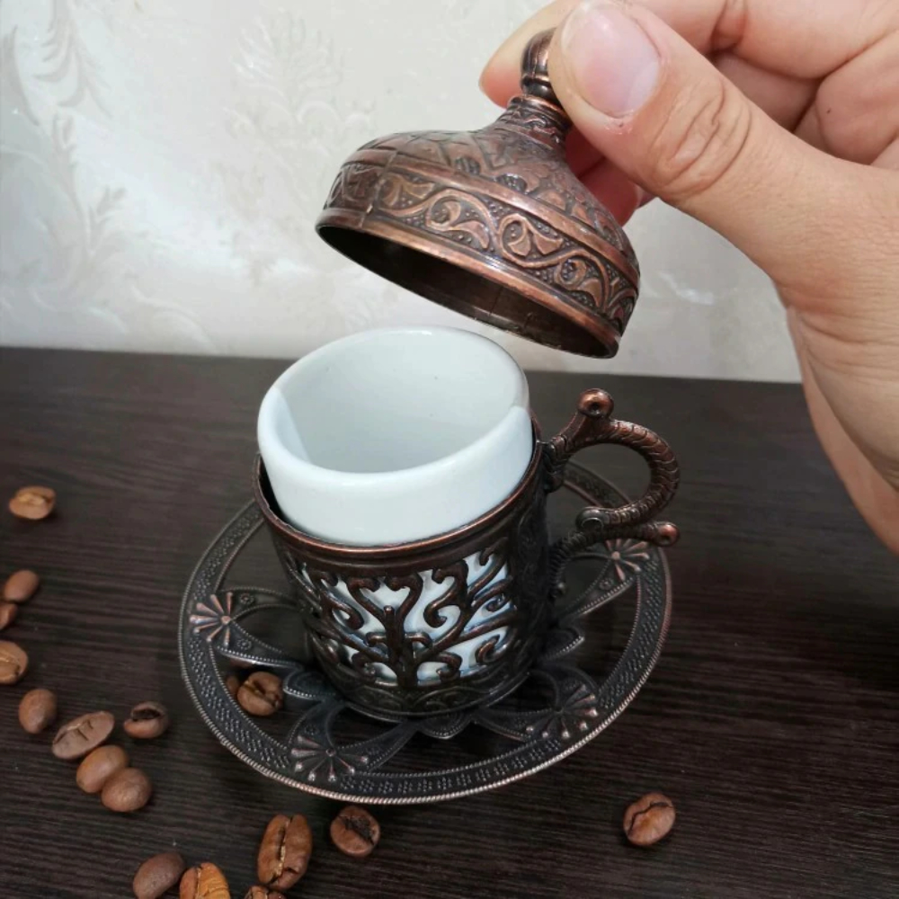 Authentic Patterned Copper Coffee Cup Sets Porcelain Espresso Traditional Turkish Handmade Luxury Antique Model Souvenirs