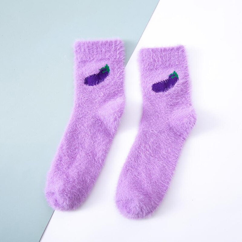 Zimowe grube skarpetki podłogowe z awokado nadruk z owocami dom śmieszne słodkie krótkie skarpetki damskie śliczne kolorowe wzorzyste skarpetki Sztuka aksamit: Fioletowy