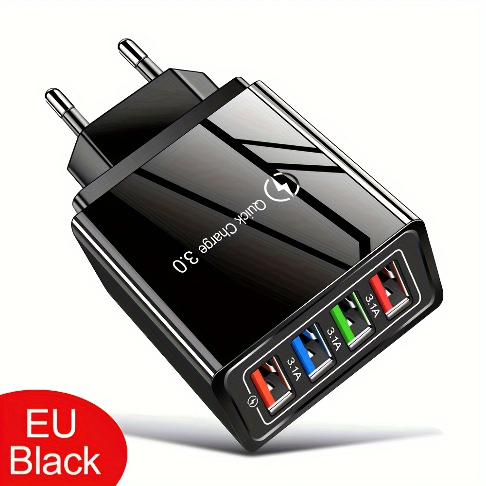 Cargador USB multipuerto de carga rápida 3,0, adaptador de teléfono, tableta, cargador de pared portátil, enchufe europeo y estadounidense, 3A, 4 USB: UE