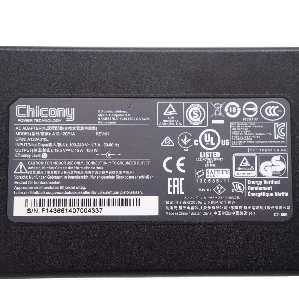 Originele Chicony 120W Power Adapter voor MSI GE60 GE70 GP60 PE62 GE72 GF63 GS60 GS70 AC DC Laptop Lader a12-120P1A 19.5V 6.15A