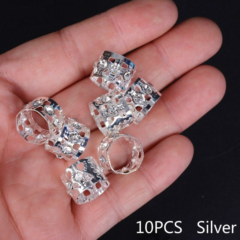 10/20 Pcs Gold Rhinestone Ring Dreadlock Beads for Braids Hair Beads for Dreadlocks Adjustable Hair Braid Cuff Clips: 10PCS Silver