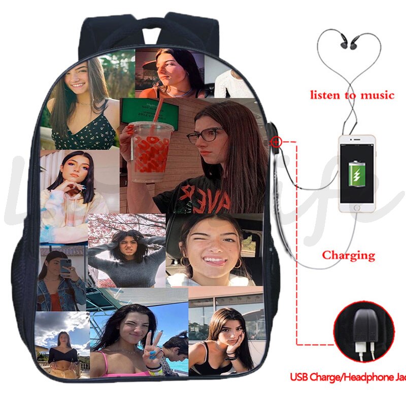 Plecak Charli Damelio plecak USB Design chłopcy dziewczęta torby szkolne mężczyźni kobiety dwuwarstwowy plecak na laptopa plecak podróżny USB: 2