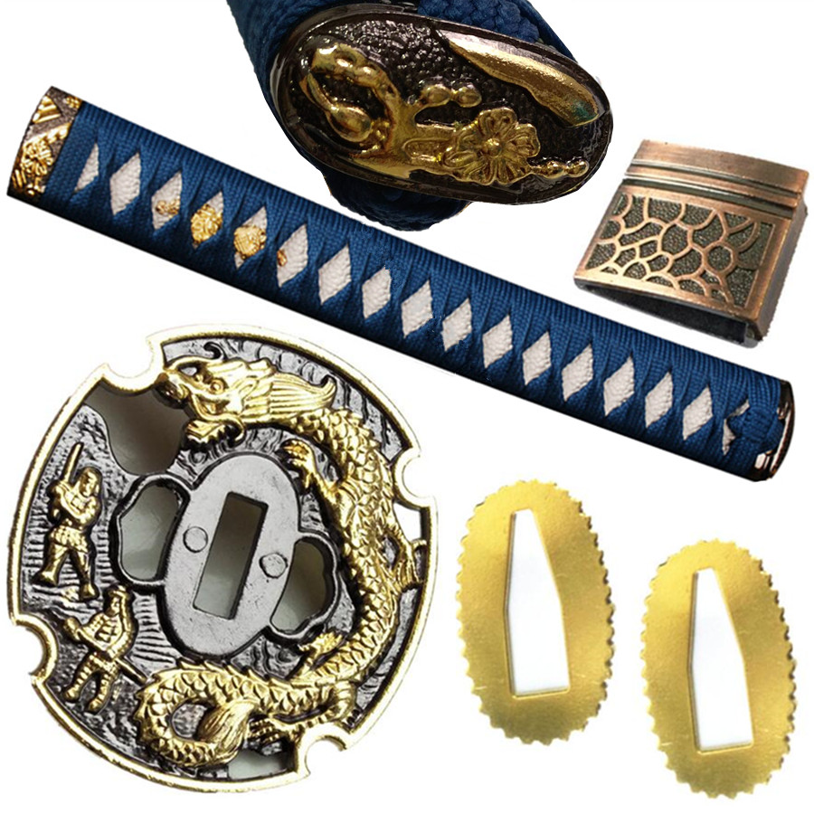 Japanse Samurai Zwaard Katana/Wakizashi/Tanto Guard Accessoire Set Kirsite Dragon Tsuba + Menuki + Fuchi + Kashira + Handvat + Habaki + Seppa: A