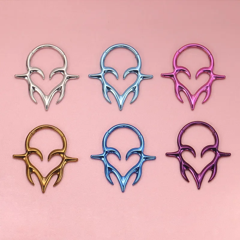 ASTM F136 colmillos tribales de titanio con bisagras Clicker SEG tabique Piercing corazón tótem Errings hélice delantera anodizado joyería del cuerpo Punk