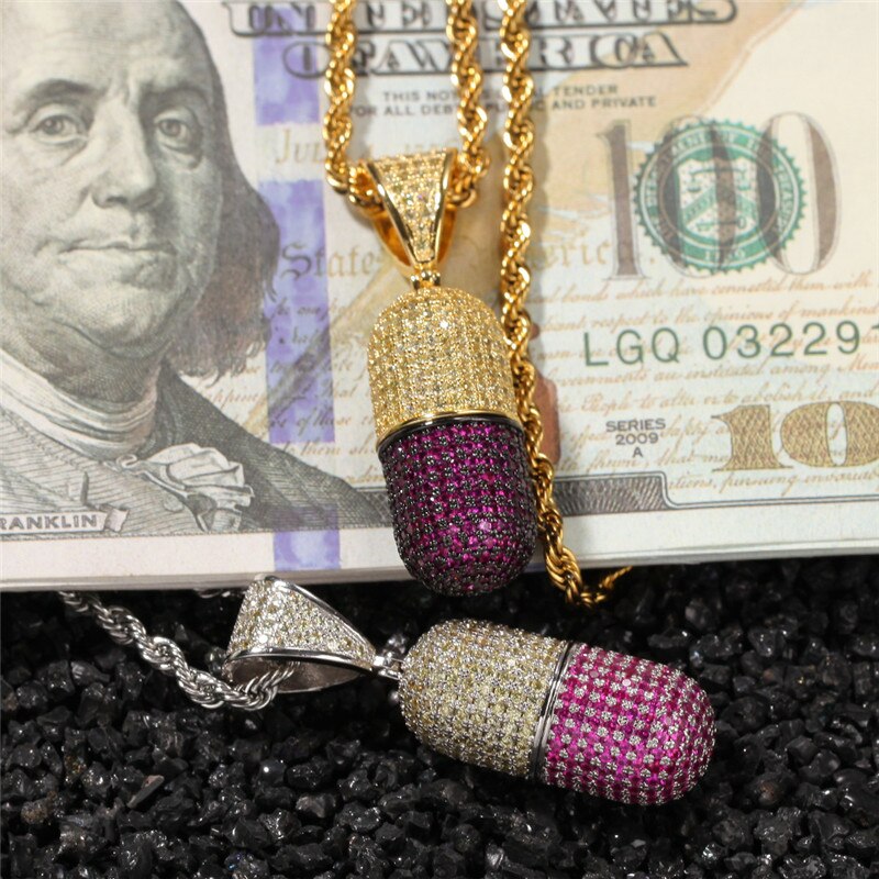 Pieno Zircone Cubico penna Della Capsula Della Pillola Pendenti con Gemme E Perle Collana di anca salto Bling Ghiacciato Fuori Rame medaglione Rapper Gioielli Staccabile Regalo