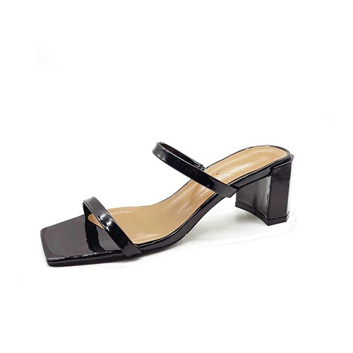 Moxxy Dames Sandalen - Vierkante Neus Slippers - Medium Hakhoogte - PU & Rubber: Zwart / 6