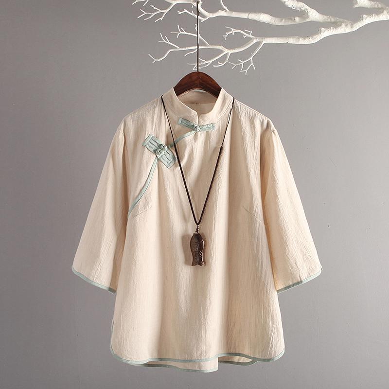 Nagodo chinois tunique Top traditionnel chinois vêtements améliorés Zen manches lâche lin hauts femmes coton Cheongsam chemise: beige