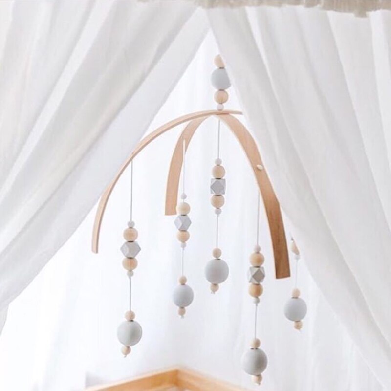 Baby Crib Mobile Rattle Toys Wooden Beads Wind Chimes Bed Bell Tent Hanging Decoration Kids Newborn Girl Boy Nursery Decor: White