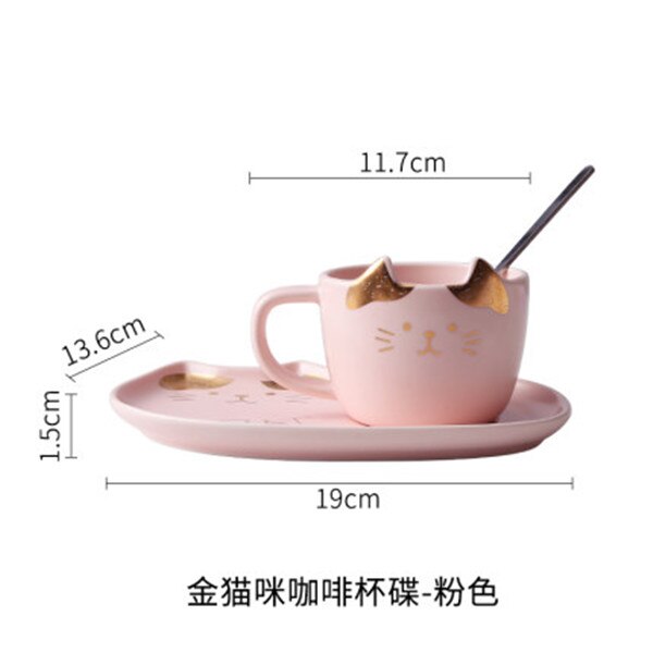 Set de tazas de café de cerámica de gato de dibujos animados té taza y platillo cuchara desayuno taza para café o leche pan plato de postre de pareja: pink